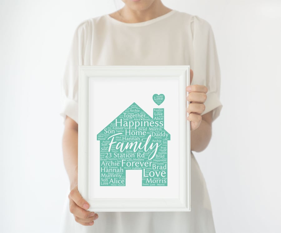 Personalised family home Word Art print. New home, anniversay, thank you gift