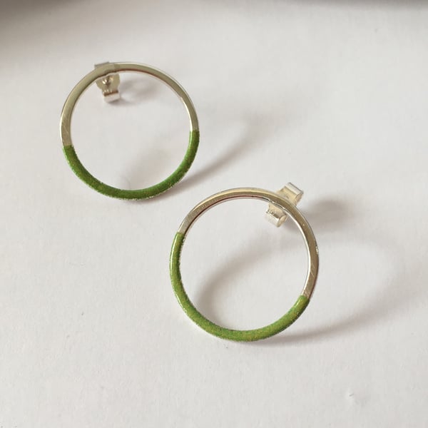 Silver Circular & Green Enamel Stud Earrings