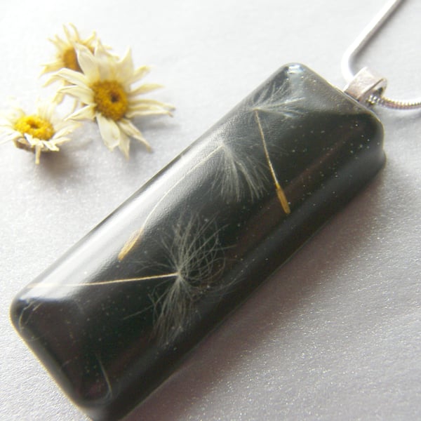 Dandelion Seeds in Black Resin Necklace Pendant - Nature Specimen - 3 Wishes