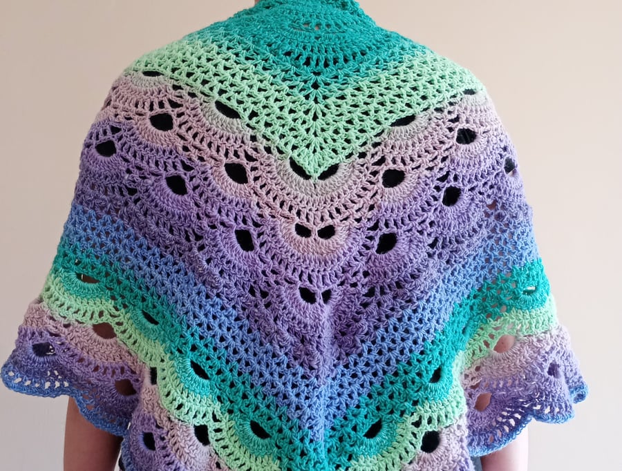 Pretty green and purple triangular crochet shawl