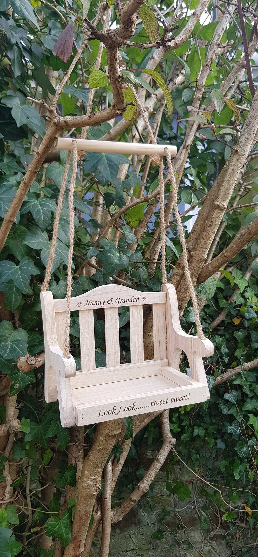 Personalised bird seed swing bench, wooden chair, nanny garden, engraved sign,