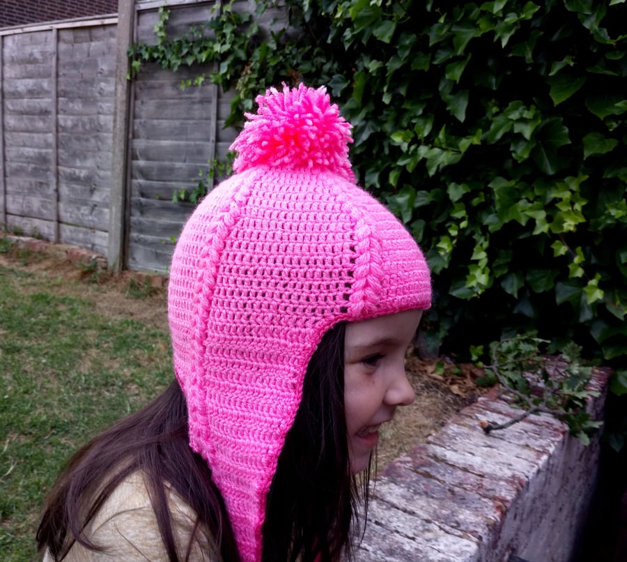 Pink Color Crochet Toddler Baby Child Hand Knitted Aviator Girl Hat 