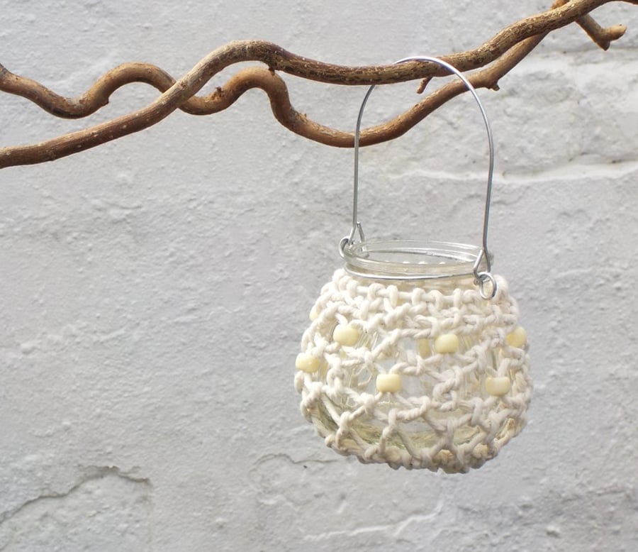 Macrame white candle holder hanging tealight jar table centre decoration