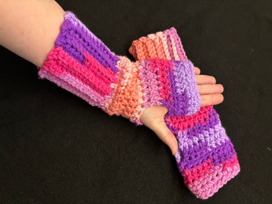 Hand Crocheted Fingerless Wrist Warmers in Vibrant Orange Pink and Purple
