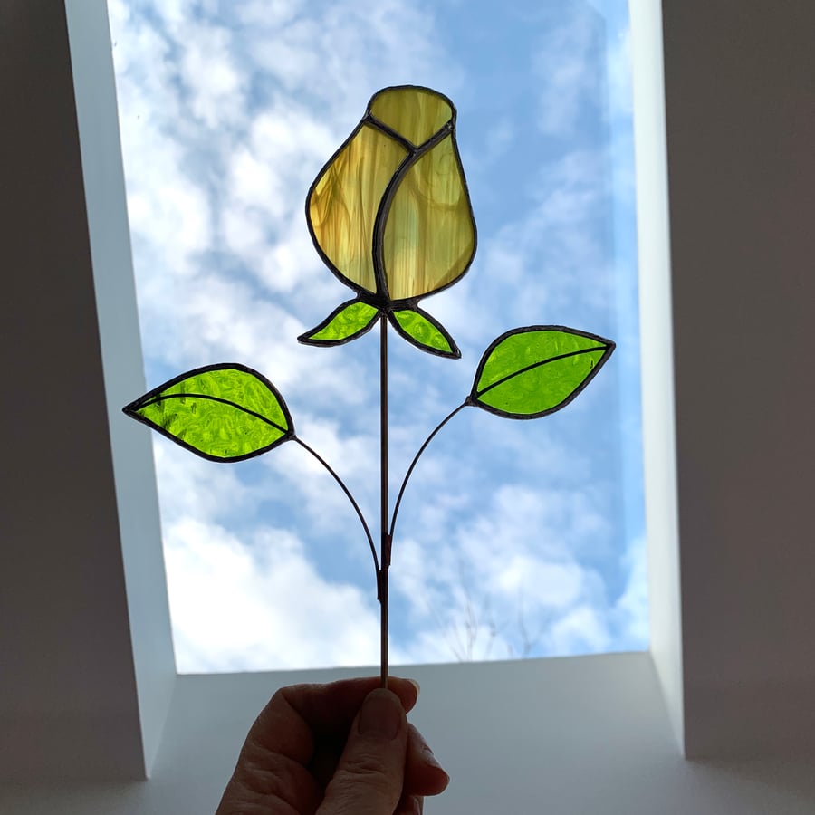 Stained  Glass Rose Stake - Plant Pot Decoration - Yellow