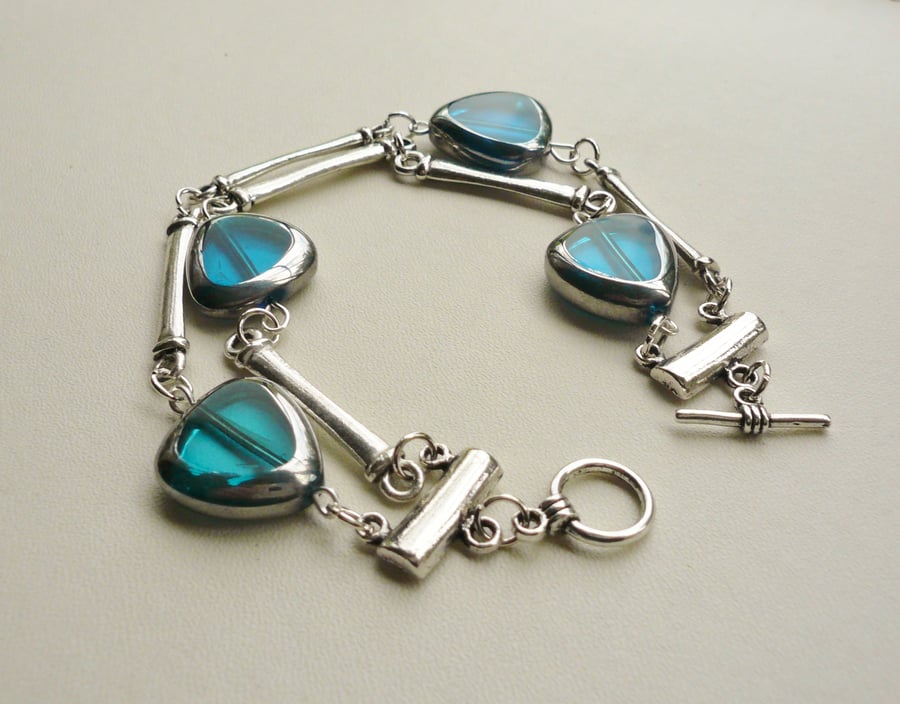 Cyan Blue Electroplated Glass Bead Link Bracelet  KCJ1105