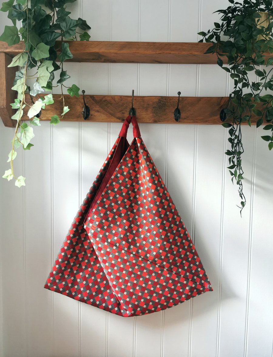 Red and Grey Geometric Pattern Origami Tote Bag with Raspberry Red Linen Handle