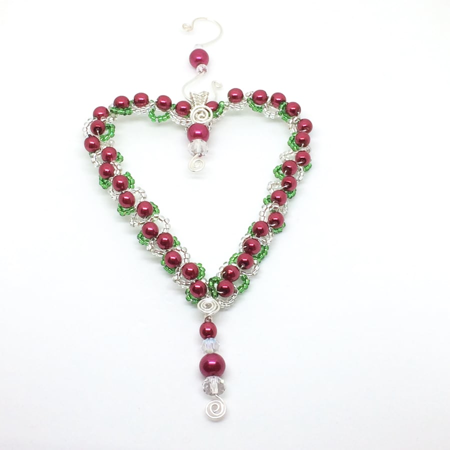 Beaded Heart Decoration, Red Pearls, Hanging Decoration