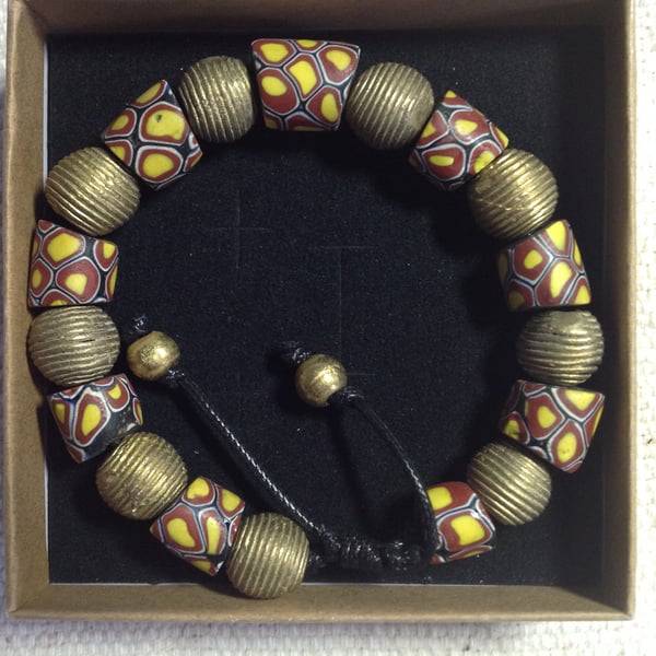 Chunky bead bracelet with antique African trade beads and new Ghana brass beads 