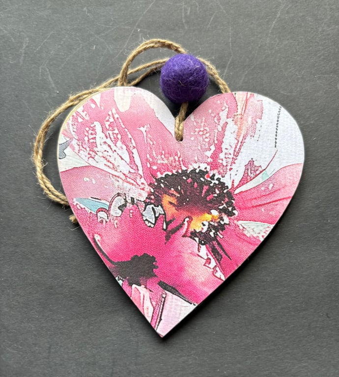 Stunning bright abstract decoupaged wooden hanging heart