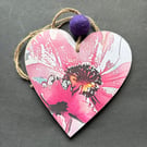 Stunning bright abstract decoupaged wooden hanging heart