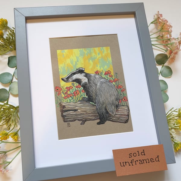 Badger with red poppies original artwork, small wildlife drawing