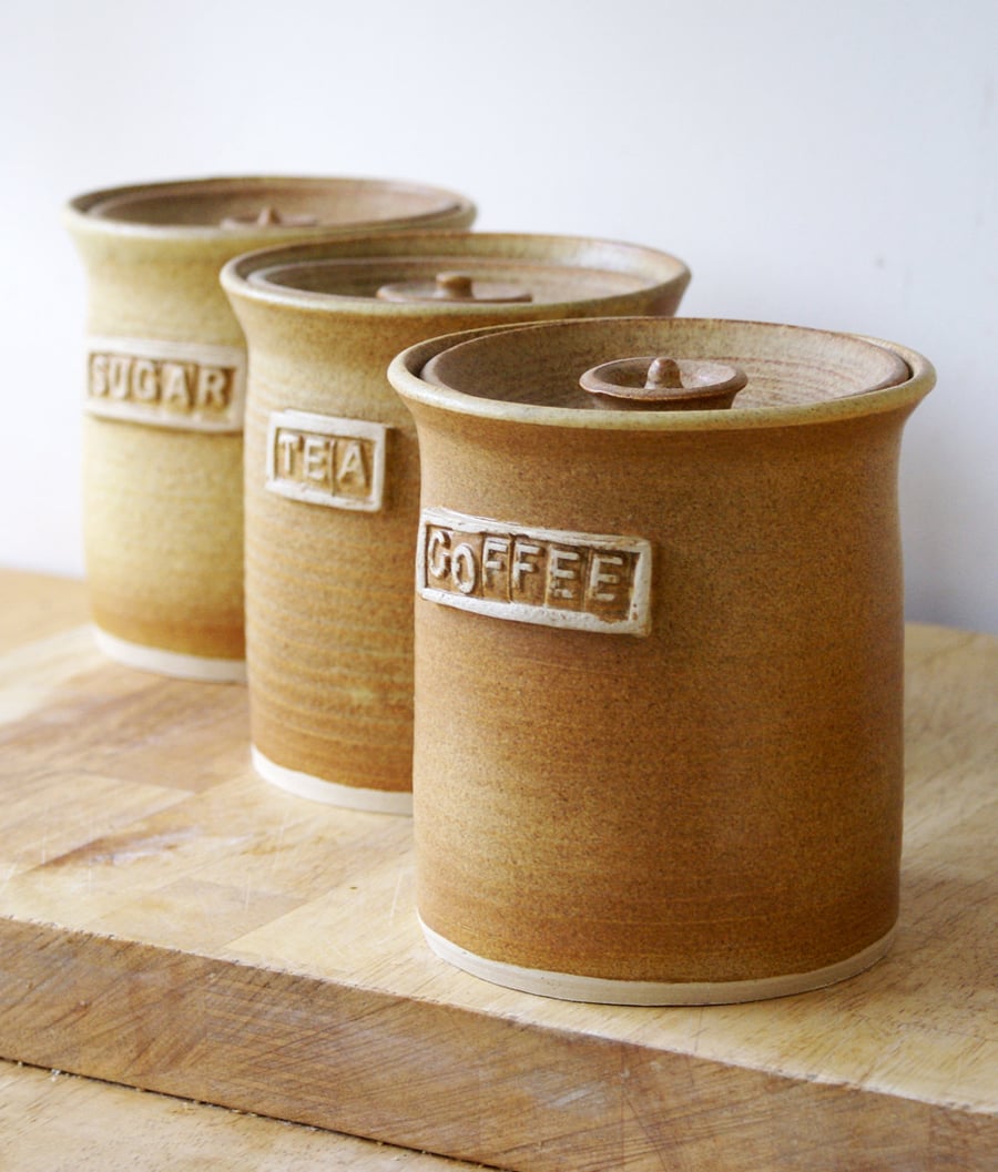 Set of three tea, coffee and sugar jars stoneware pottery canisters