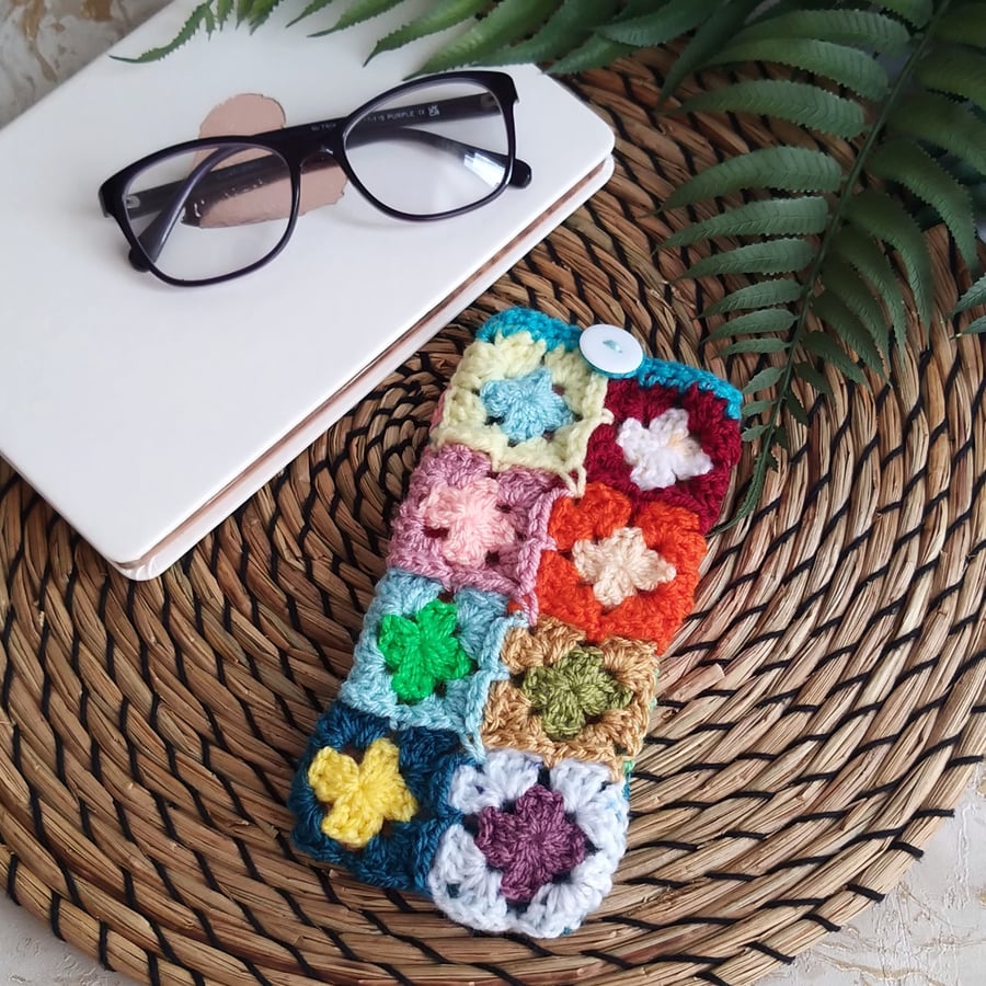 Crochet Glasses Phone Case Pouch Turquoise White Button