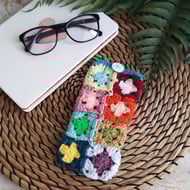 Crochet Glasses Phone Case Pouch Turquoise White Button