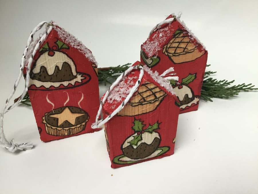Set of three house shaped Christmas tree decorations