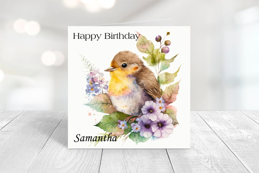 Personalised Spring Birds Birthday Card. Design 6