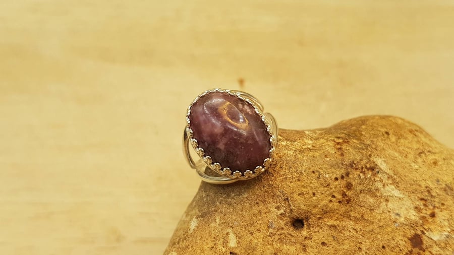 Simple oval purple Lepidolite ring. Adjustable Sterling silver rings for women