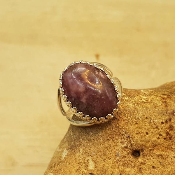 Simple oval purple Lepidolite ring. Adjustable Sterling silver rings for women