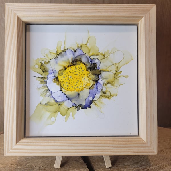 yellow blue green flower alcohol ink framed tile