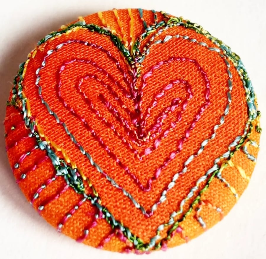 One Inch Button Heart Fabric Button with Free Machine Embroidery 