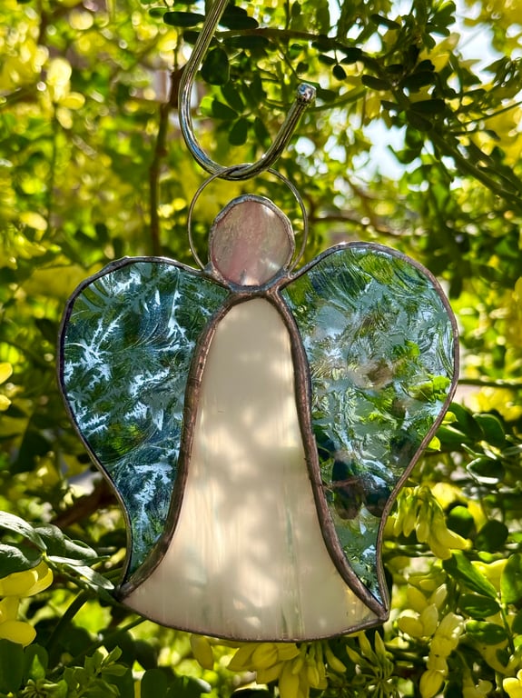 Stained Glass Bell Angel Decoration - Wispy white with cobalt blue wings