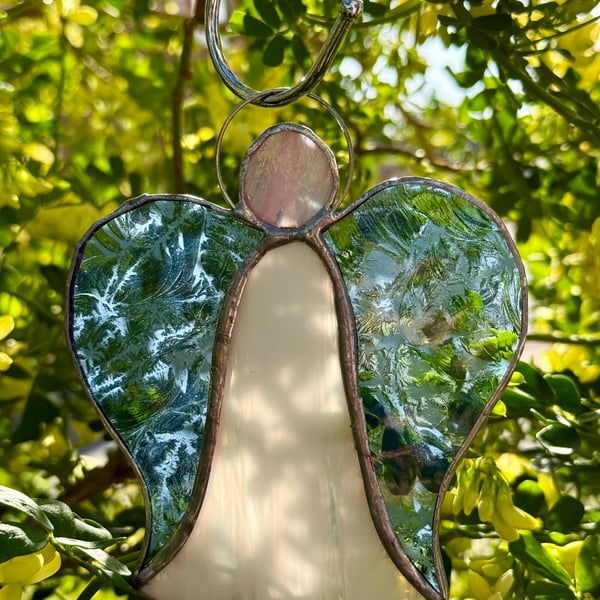 Stained Glass Bell Angel Decoration - Wispy white with cobalt blue wings