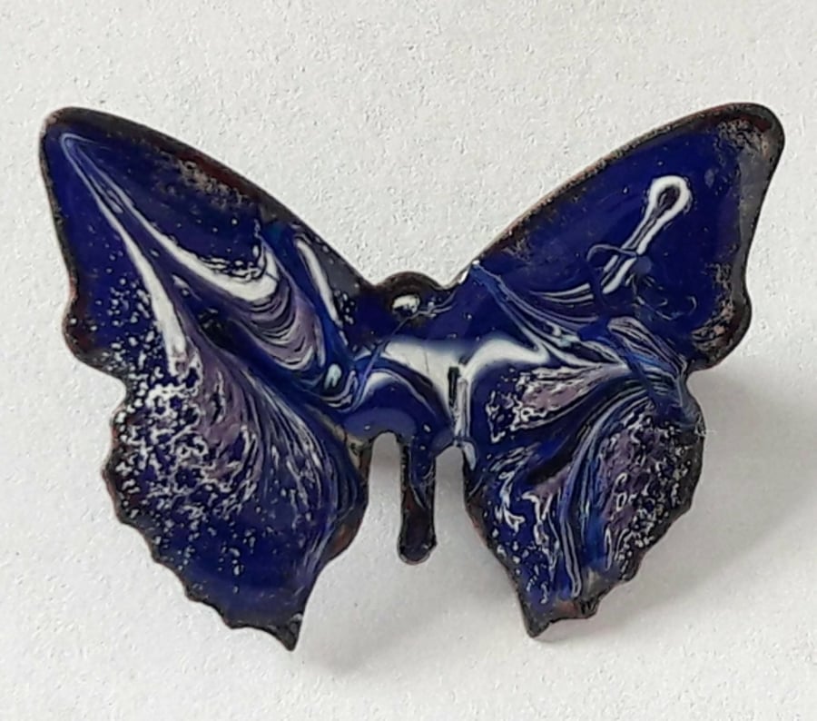 large brooch - butterfly scrolled white and purple on blue