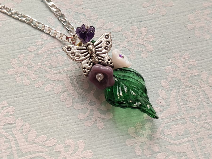 Butterfly and leaf necklace pendant