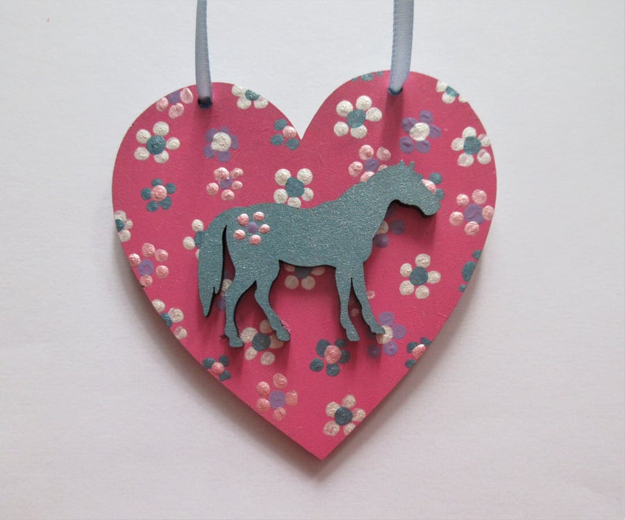 Horse Pony Hanging Heart Decoration Hand Painted Ditsy Flowers