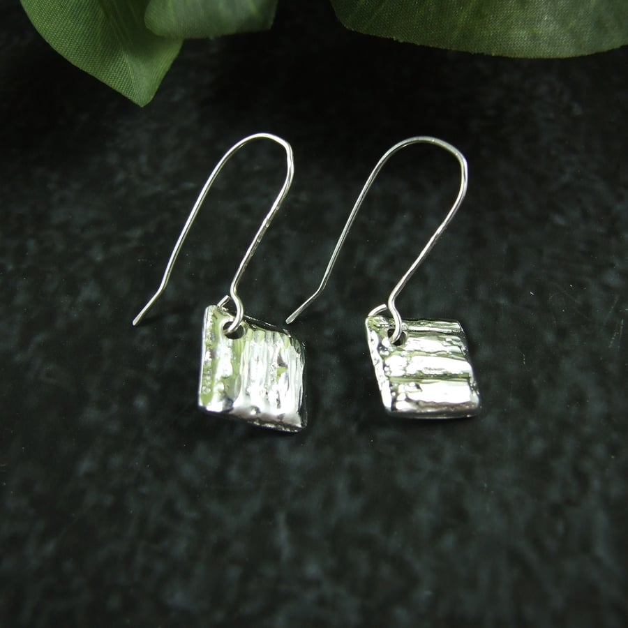 Sterling Silver Square Earrings, Textured Recycled Silver Droppers