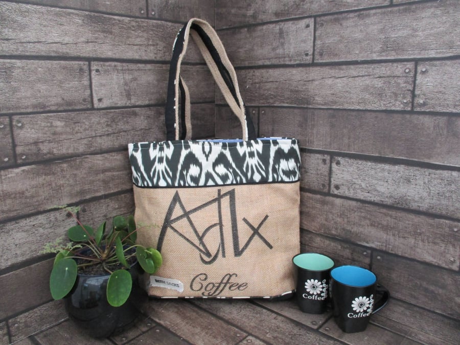 Eco Tote Bag -  Handmade from Upcycled Materials - Black and White pattern