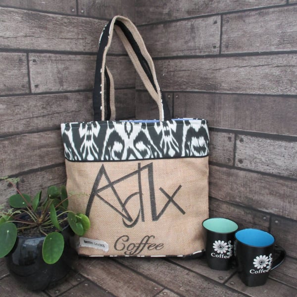 Eco Tote Bag -  Handmade from Upcycled Materials - Black and White pattern