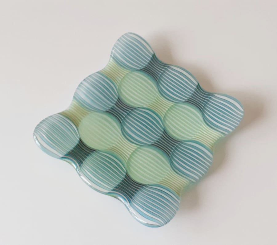 Fused glass small square decorative trinket dish or candle holder, bubble effect