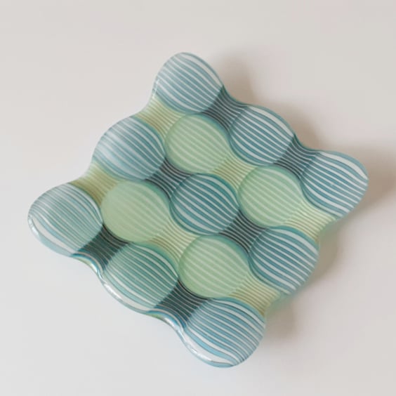 Fused glass small square decorative trinket dish or candle holder, bubble effect