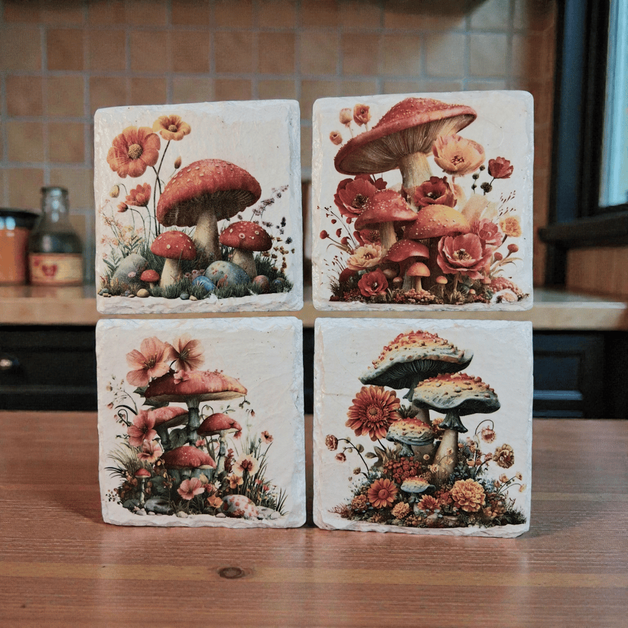 Wild Red Mushrooms Decoupaged Slate Coasters Set of 4