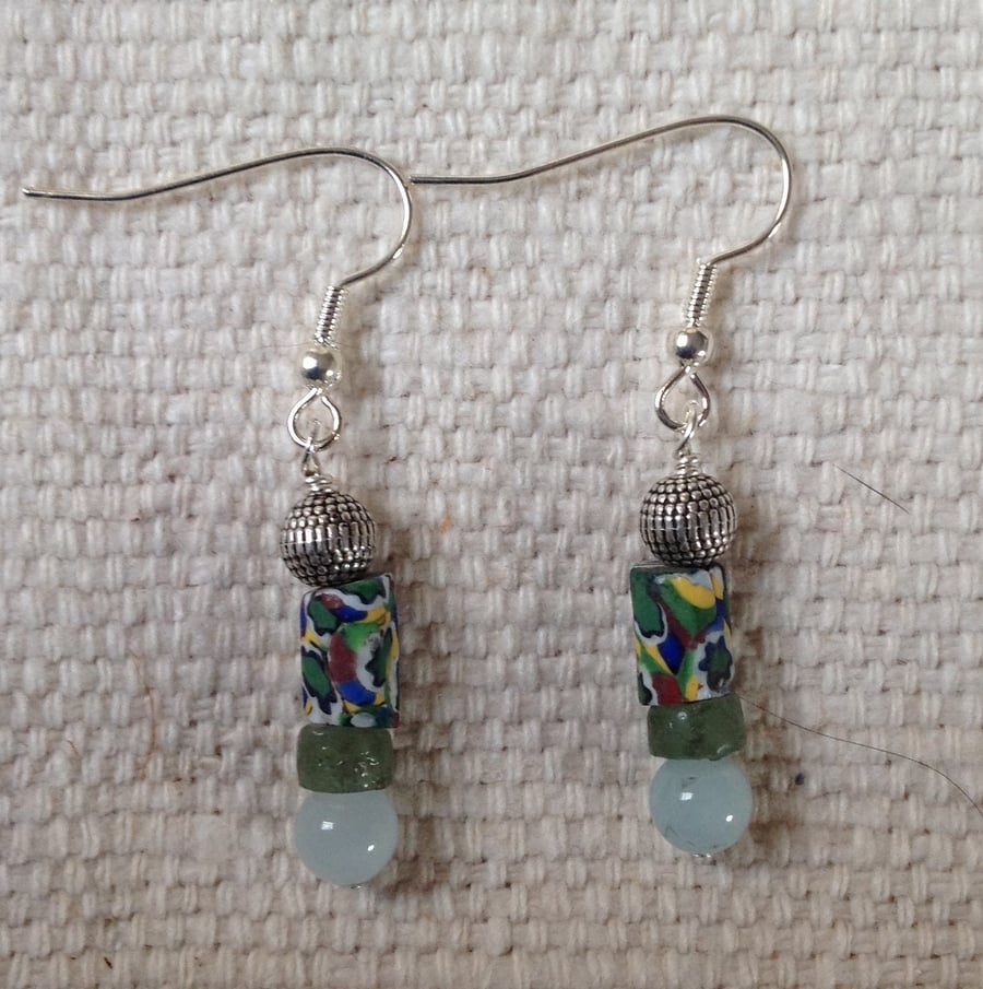 Beaded Earrings with small, rare antique millefiori trade beads 
