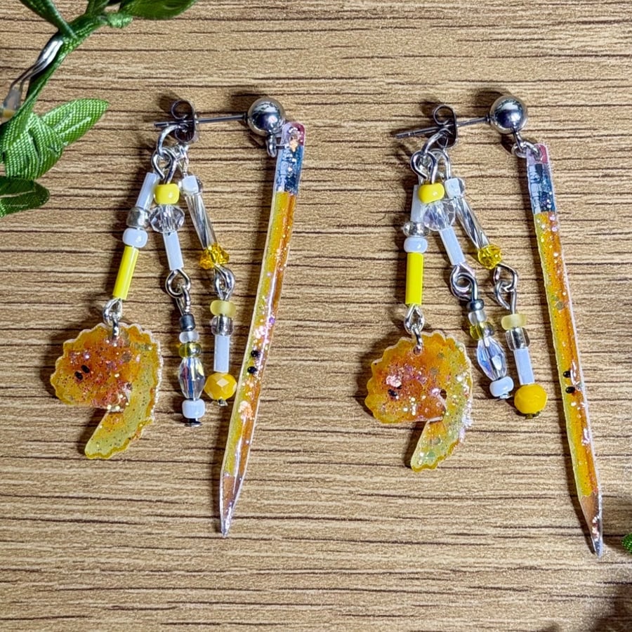 Pencil & Shaving Earrings - Cute Artist Crafts Stationery Dangle Bead Jewellery