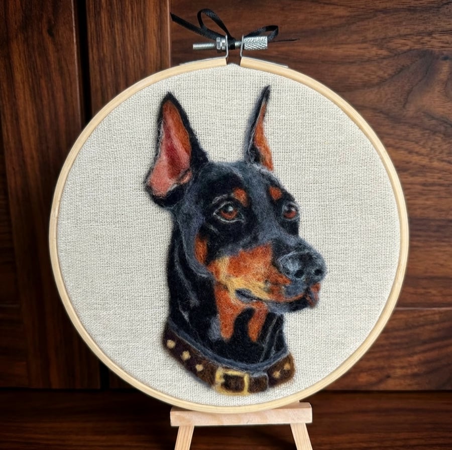 Needle Felted Doberman Dog in Embroidery Hoop