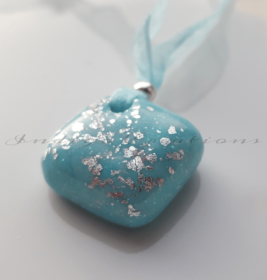 Pendant Handmade Turquoise Polymer Clay Pendant With Silver Leaf