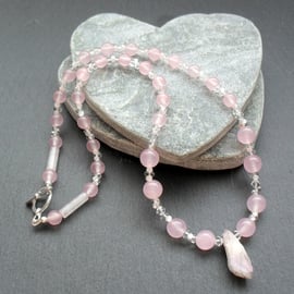 Pink Quartz Beaded Necklace With Semi Precious Gemstones and Swarovski Elements