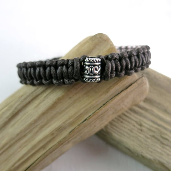 Mens Cotton Cord Macrame Bracelet with a Metal Wave Bead - Earthy Brown