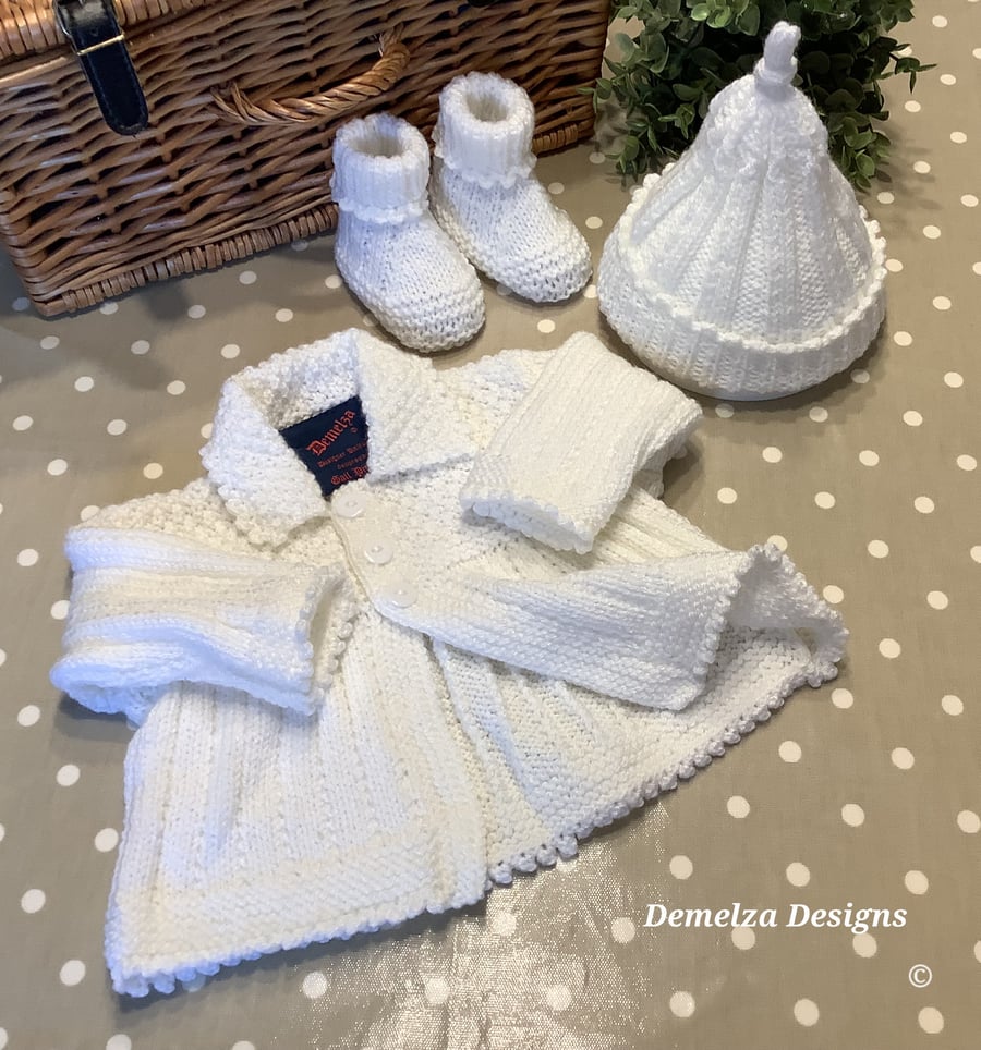 Hand Knitted Designer Baby Girl's White Matinee-Layette Set 0-6 months 