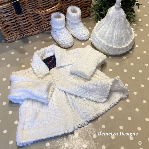 Hand Knitted Designer Baby Girl's White Matinee-Layette Set 0-6 months 