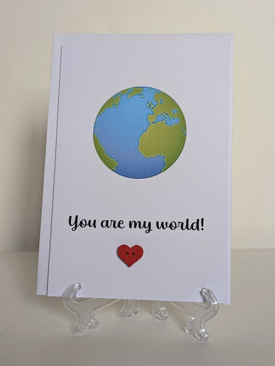You are my world red heart button greetings card 