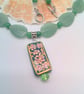 Green Flower Pattern Glass Rectangle on a Leaf & Round Bead Necklace & Earrings  - Image 2