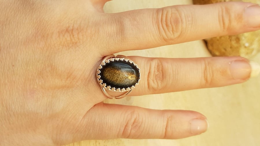 Golden sheen Obsidian ring. 925 sterling silver rings for women. Reiki jewelry