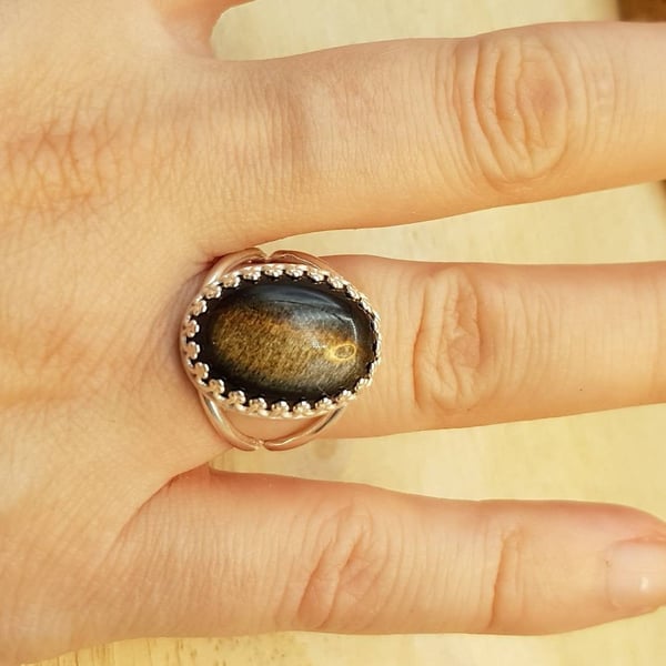 Golden sheen Obsidian ring. 925 sterling silver rings for women. Reiki jewelry