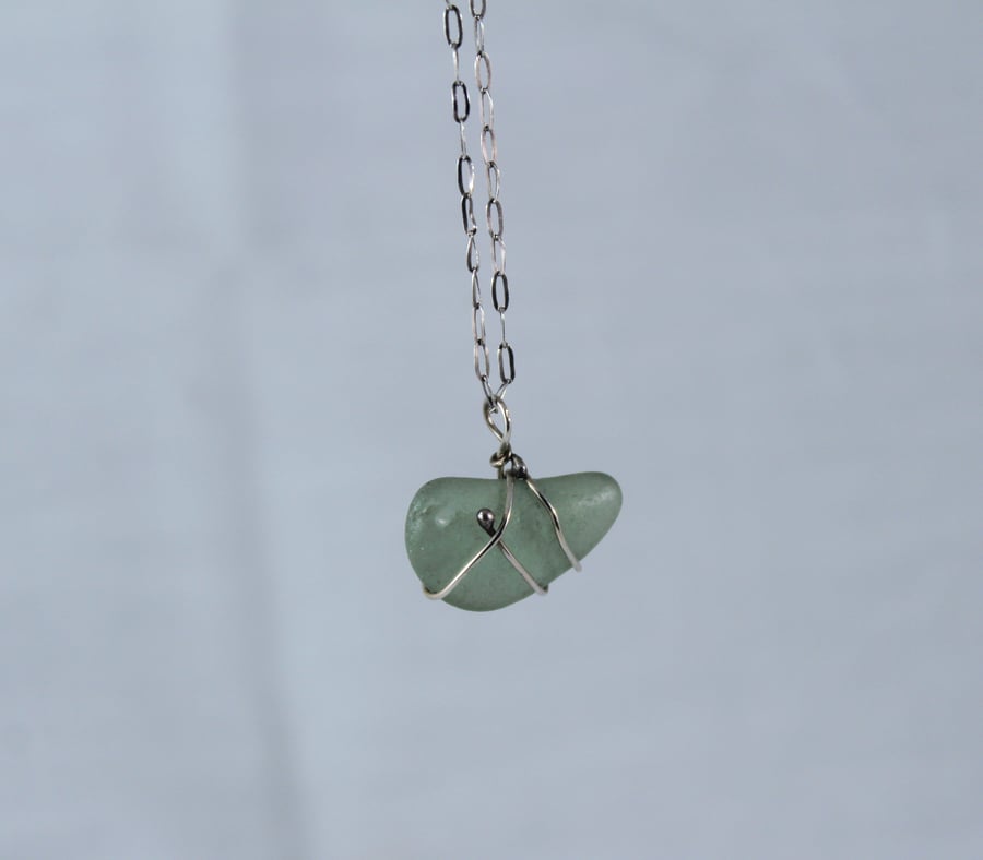 Green Sea Glass Necklace wrapped in Silver