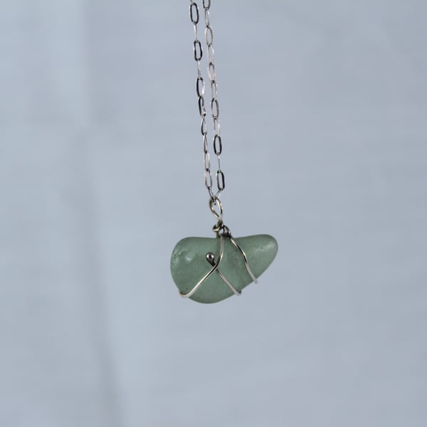 Green Sea Glass Necklace wrapped in Silver